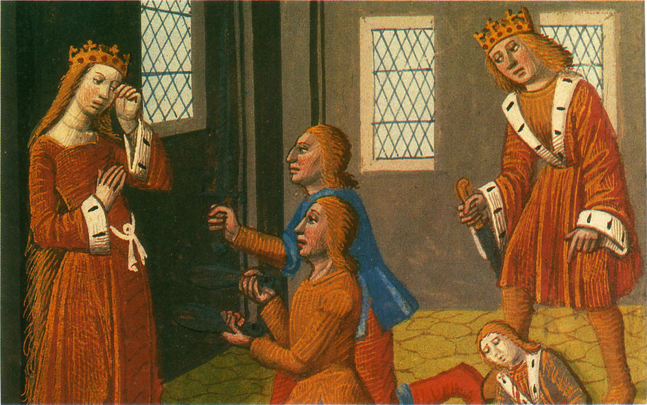 Clothar I and Childebert I assassinate Theodebald and Gunthar, 532, Chroniques de France, Bibliotheque Nationale Paris.